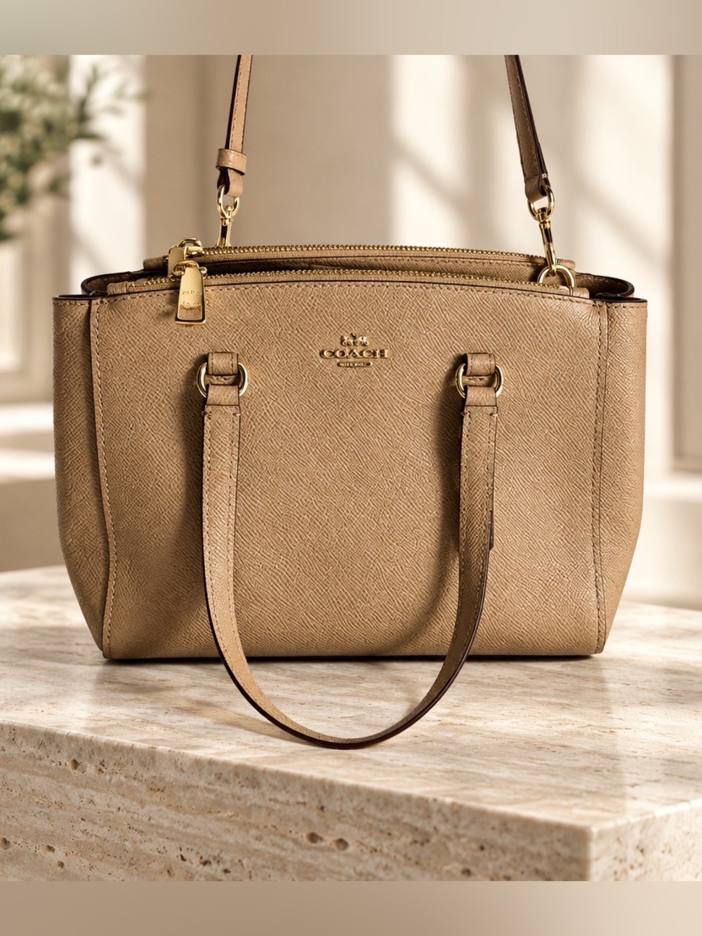 Coach Tan Crossgrain Leather Shoulder Tote with Gold Hardware